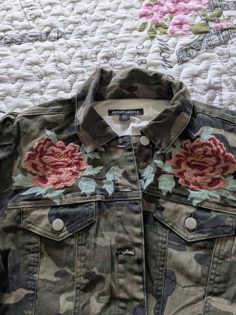 Boston Proper Women's Camo Embroidered Floral Jacket - Green - Picture 4 of 4